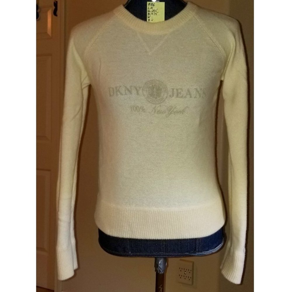 ✅DKNY JEANS logo Off-white Lambswool/Cotton Knit Sweater P #186